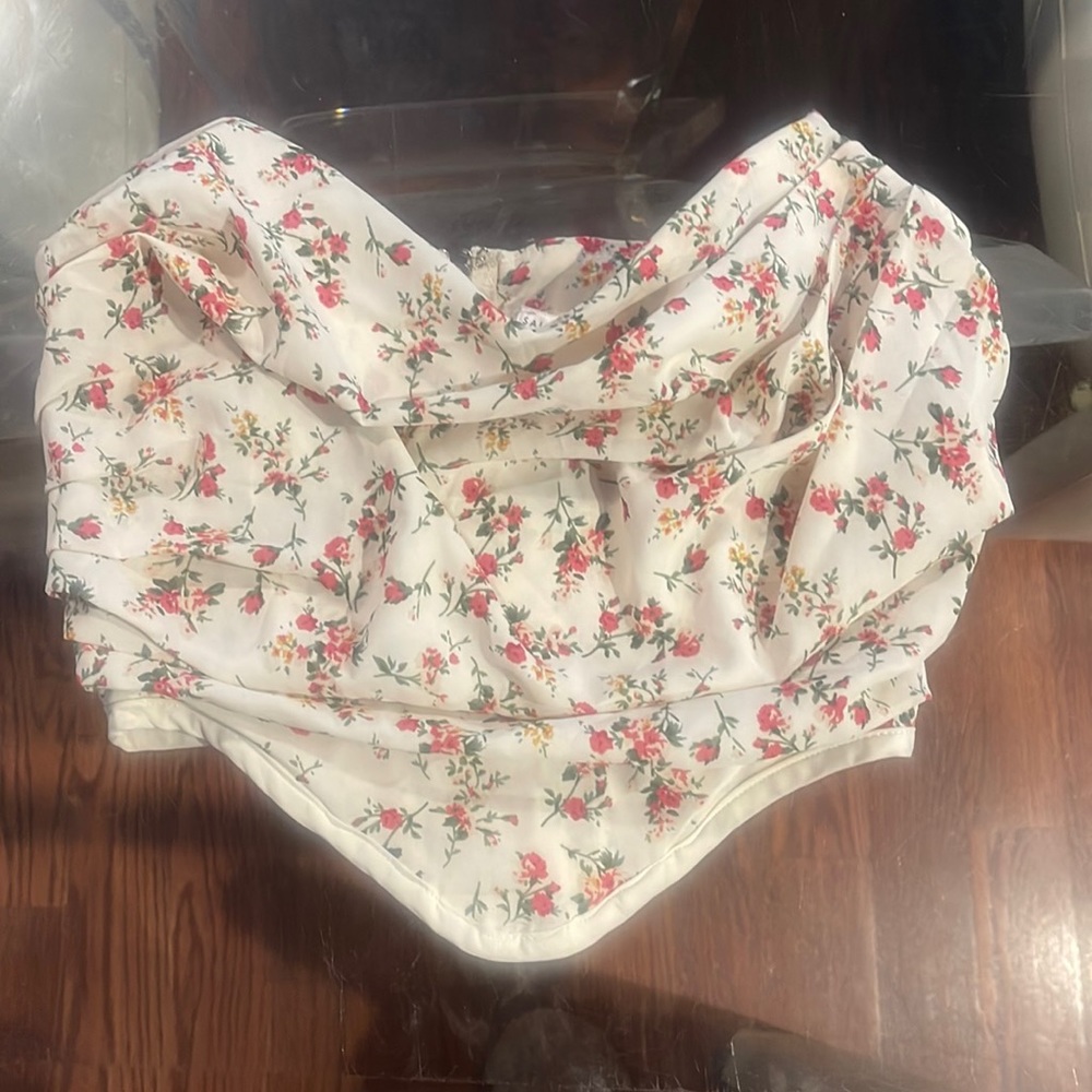 Salty small floral cream colored w/pink wired strapless crop top